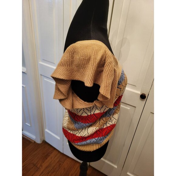 Tan Crochet Stripe Sweater Flutter Sleeves Open Knit sz M Coquette Boho Beach - Picture 4 of 7
